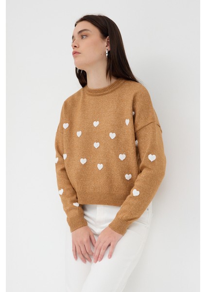 Taba Kalp Nakışlı Bisiklet Yaka Crop Kazak 2337