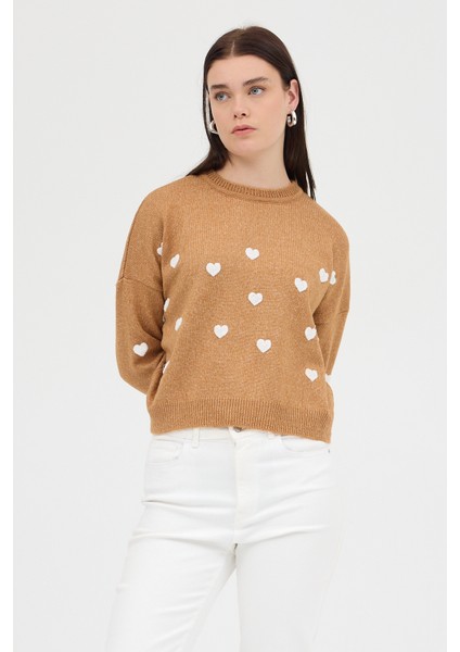 Taba Kalp Nakışlı Bisiklet Yaka Crop Kazak 2337