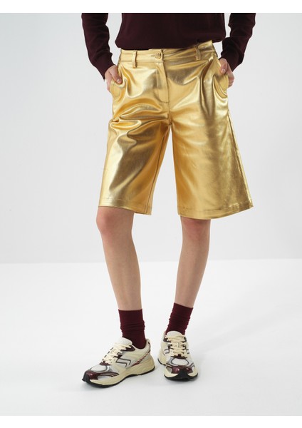 Kadın Gold Pamuk Dokulu Oversize Şort