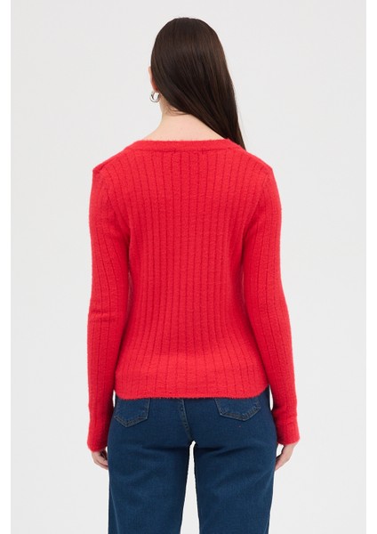 Kırmızı V Yaka Triko Kadın Kazak 2217