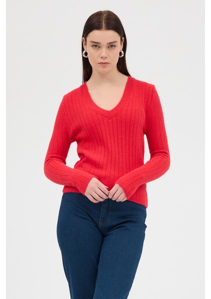 Kırmızı V Yaka Triko Kadın Kazak 2217