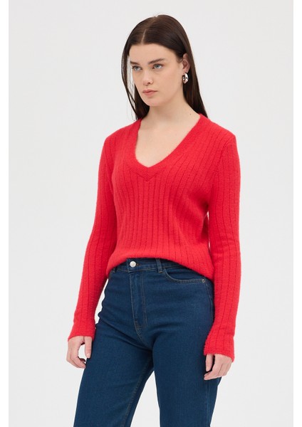 Kırmızı V Yaka Triko Kadın Kazak 2217