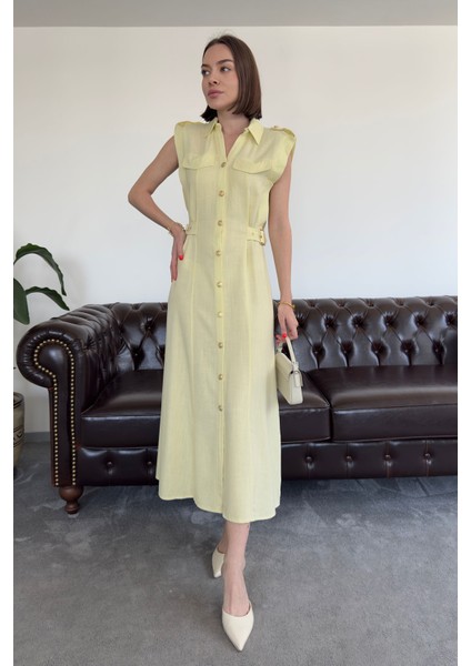 Gold Düğmeli V Yaka Premium Keten Elbise- Sarı
