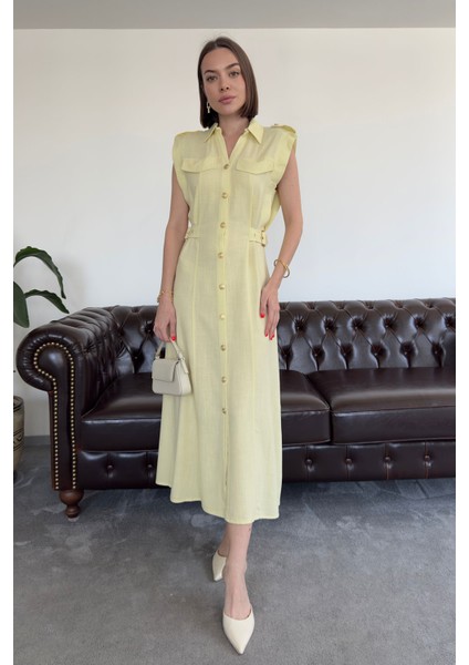 Gold Düğmeli V Yaka Premium Keten Elbise- Sarı