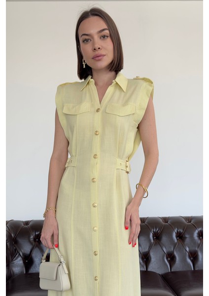 Gold Düğmeli V Yaka Premium Keten Elbise- Sarı