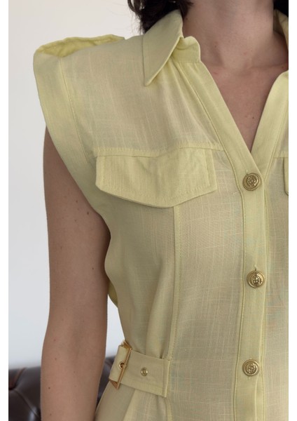 Gold Düğmeli V Yaka Premium Keten Elbise- Sarı