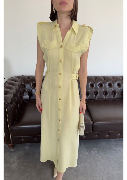 Gold Düğmeli V Yaka Premium Keten Elbise- Sarı