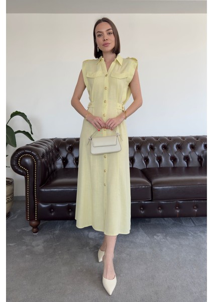 Gold Düğmeli V Yaka Premium Keten Elbise- Sarı