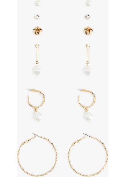 Çelik Karışımlı Inci Detaylı 6'lı Top ve Halka Küpe Seti