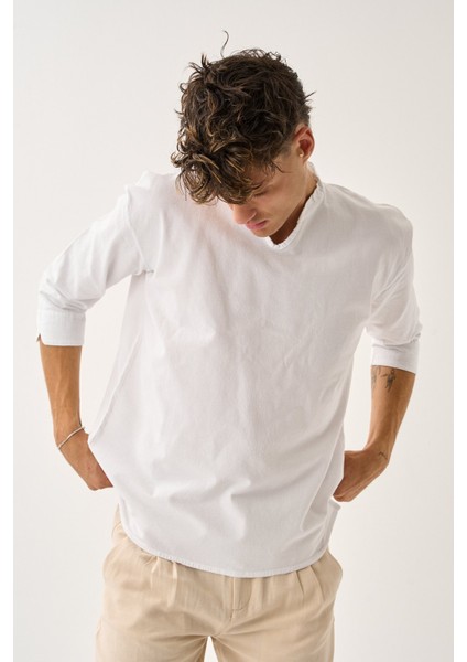 Erkek Fakir Kol V Yaka Rahat Kalıp %100 Pamuk Gömlek E231