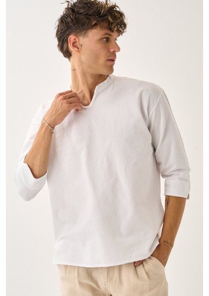 Erkek Fakir Kol V Yaka Rahat Kalıp %100 Pamuk Gömlek E231