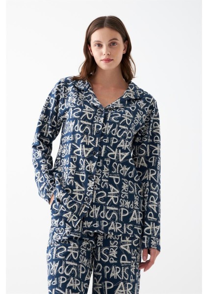 Kadın Lacivert Paris Yazı Desenli Düğmeli Pamuklu Pijama Takımı