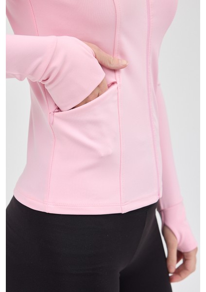 Şeker Pembe Fermuarlı Fit Kalıp Spor Sweat 3196