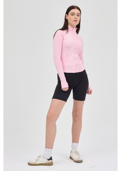 Şeker Pembe Fermuarlı Fit Kalıp Spor Sweat 3196