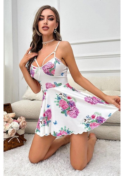 Renkli Çiçekli Beyaz Mini Pinterest Gecelik Micro Kumaş