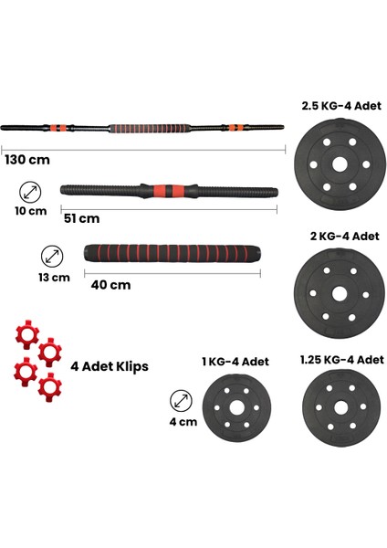 Çok Fonksiyonlu Dambıl ve Bar Seti 28 kg – Ayarlanabilir Ağırlıklar (2.5-2-1.25-1 Kg) + 4 Klipsli fiyatları