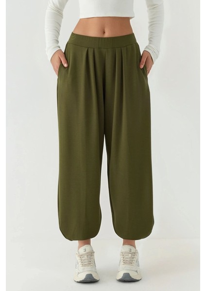 Kadın Cepli Modal Touch Şalvar Pantolon Haki Yeşil