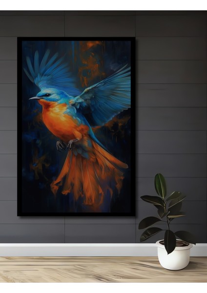 Çerçeve Görünümlü Mavi Turuncu Kuş Dekoratif Ahşap Mdf Ev Duvar Tablo Dikdörtgen Ev Duvar Tablo