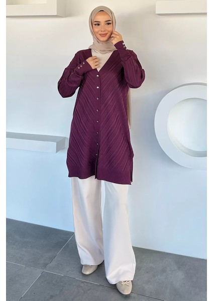 Desenli Ön Düğmeli Tesettür Triko Hırka (M-L-Xl Uyumludur) P-00018882