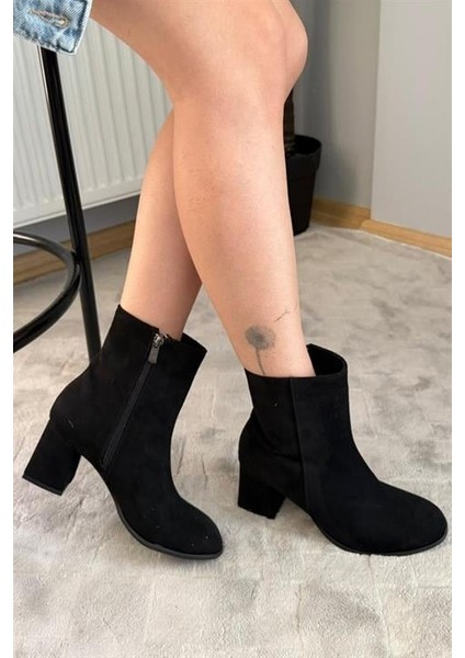 Kadın Marta Siyah Süet 6 cm Kalın Topuklu Yumurta Burun Fermuarlı Bot