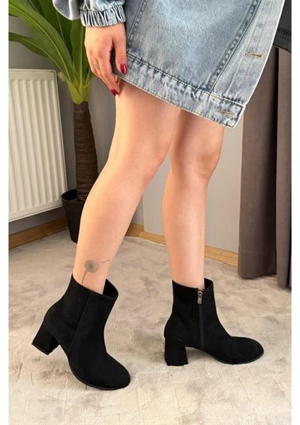 Kadın Marta Siyah Süet 6 cm Kalın Topuklu Yumurta Burun Fermuarlı Bot indirimleri