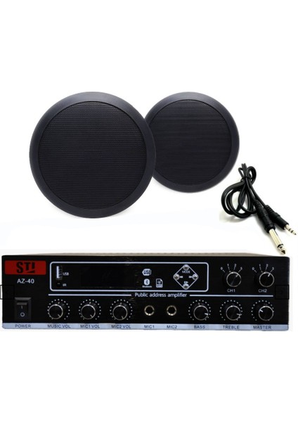 2’li Siyah Tavan Hoparlörlü 100V Anfi Ses Sistemi | Kafe Mağaza Ofis Müzik Seti