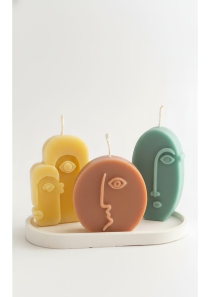 Renkli Soyut Yüz Figürlü 3’lü El Yapımı Kokulu Dekoratif Mum Seti (Tabak Dahil)