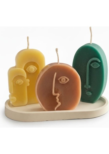 Renkli Soyut Yüz Figürlü 3’lü El Yapımı Kokulu Dekoratif Mum Seti (Tabak Dahil) modelleri