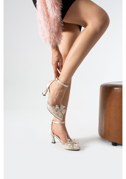 BA04592 Ten Kadın Taşlı Fiyonklu 8 cm Topuklu Ayakkabı - 40