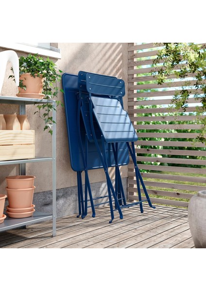 Sundso Katlanabilir Masa ve Katlanabilir Sandalye Seti Koyu Mavi 65 x 65 cm Mindersiz 2 Sandalyeli Kare