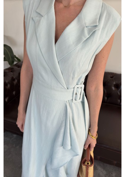 Kruvaze Kemer Tokalı Premium Keten Elbise- Bebe Mavisi