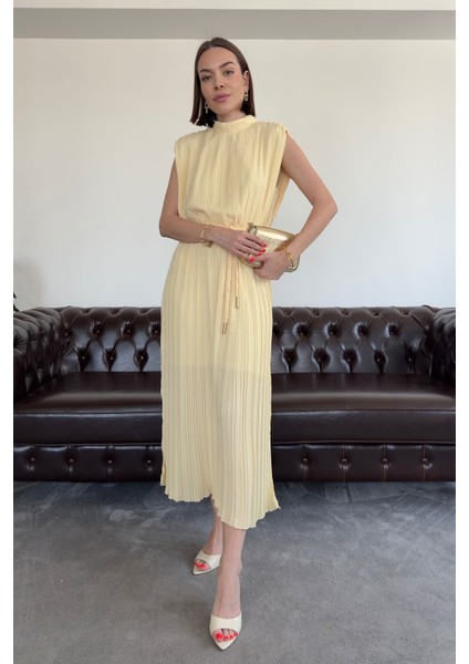 Piliseli Örgü Kemerli Elbise- Sarı
