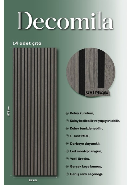 Mdf Ahşap Akustik Duvar Paneli 60X275 cm - Gri Meşe
