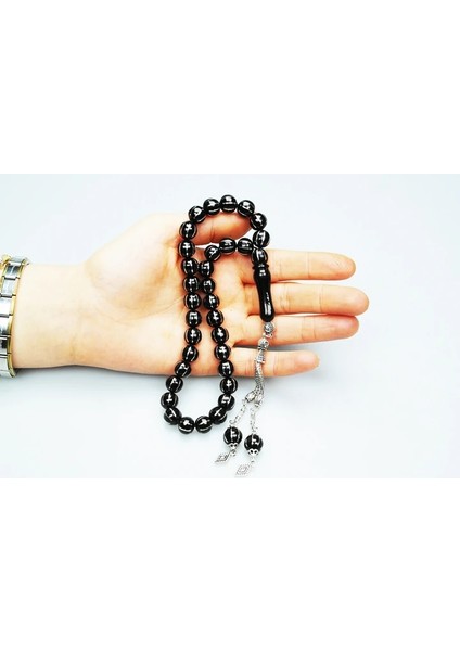 Karpuz Dilimi Sekizli Alpaka Işlemeli Oltu Sıkması Tespih