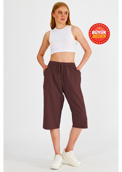 Kadın Büyük Beden Yüksek Bel Keten Görünümlü %100 Pamuk Kapri W203-52