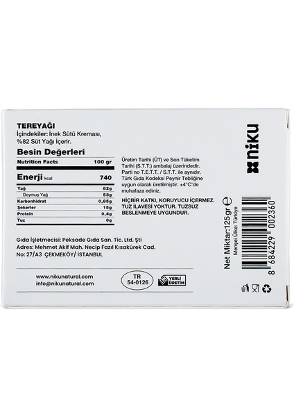 Tuzsuz Tereyağ 125 gr fiyatları