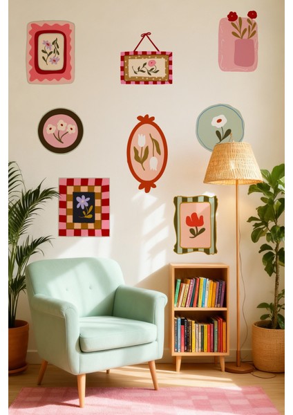 Soft Renkler Pastoral Çerçeve Duvar Sticker Seti – 10 Parça Pastel Bahar Temalı Dekoratif Stickerlar