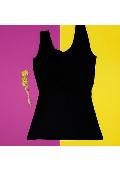 Kadın Atlet Sütyenli V Yaka Modal 1 Adet Siyah Pedli Atlet-Bluz-T-Shirt (Kota)