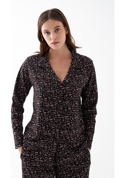 Kadın Siyah Düğmeli Kalp Desenli Pamuklu Pijama Takımı fiyatları