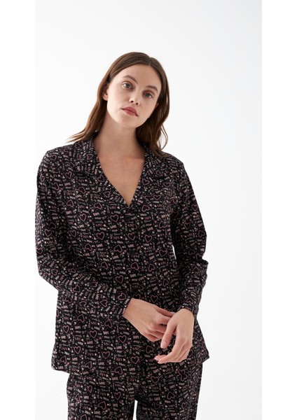Kadın Siyah Düğmeli Kalp Desenli Pamuklu Pijama Takımı fırsatları