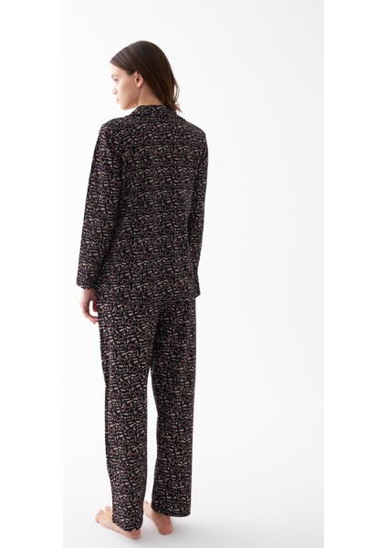 Kadın Siyah Düğmeli Kalp Desenli Pamuklu Pijama Takımı indirimleri
