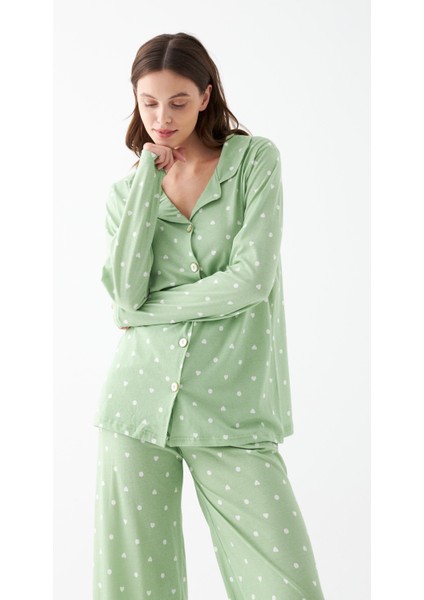 Kadın Yeşil Kalp Desenli Düğmeli Pamuklu Pijama Takımı fiyatları