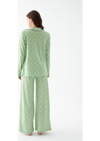 Kadın Yeşil Kalp Desenli Düğmeli Pamuklu Pijama Takımı indirimleri