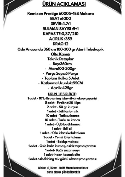Anaconda 360CM 100-300GR Remixon Prestige 6000 Göl ve Deniz Olta Seti fiyatları