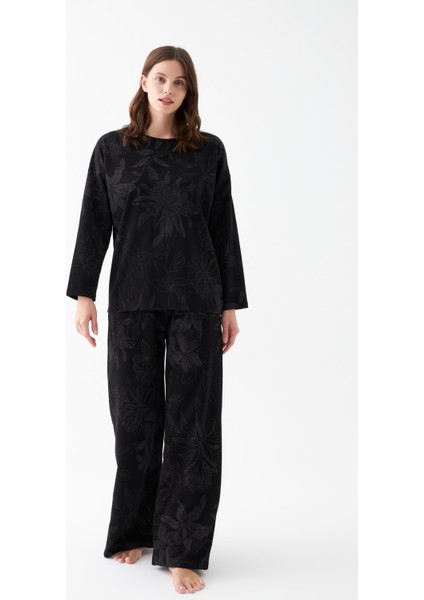 Kadın Oversize Siyah Çiçek Desenli Pamuklu Kalın Pijama Takımı fırsatları