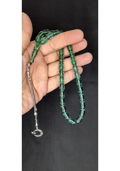 Ateş Kehribar Tesbih Yeşil Renk Kapsül Kesim T-379