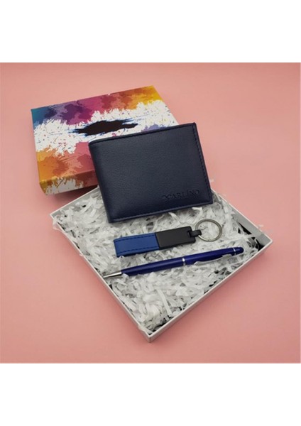 Kişiye Özel Anahtarlık Cüzdan Kalem Lacivert Set Kırpıntılı Renkli Kutu