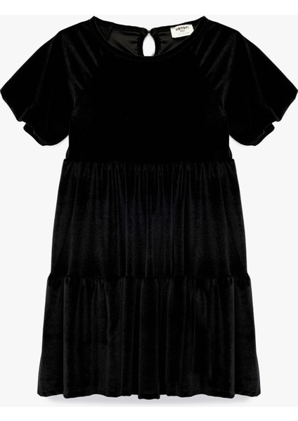 Balon Kollu Bisiklet Yaka Pileli Kadife Elbise