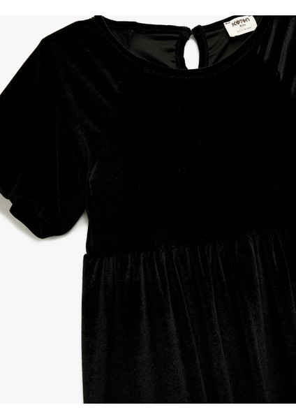 Balon Kollu Bisiklet Yaka Pileli Kadife Elbise modelleri