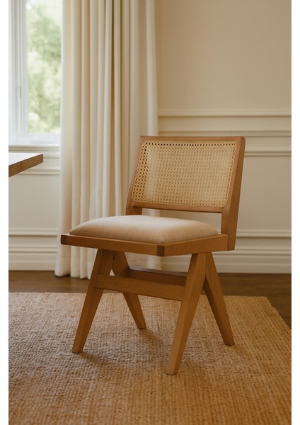 Form Sandalye Naturel Ahşap Krem Kumaş